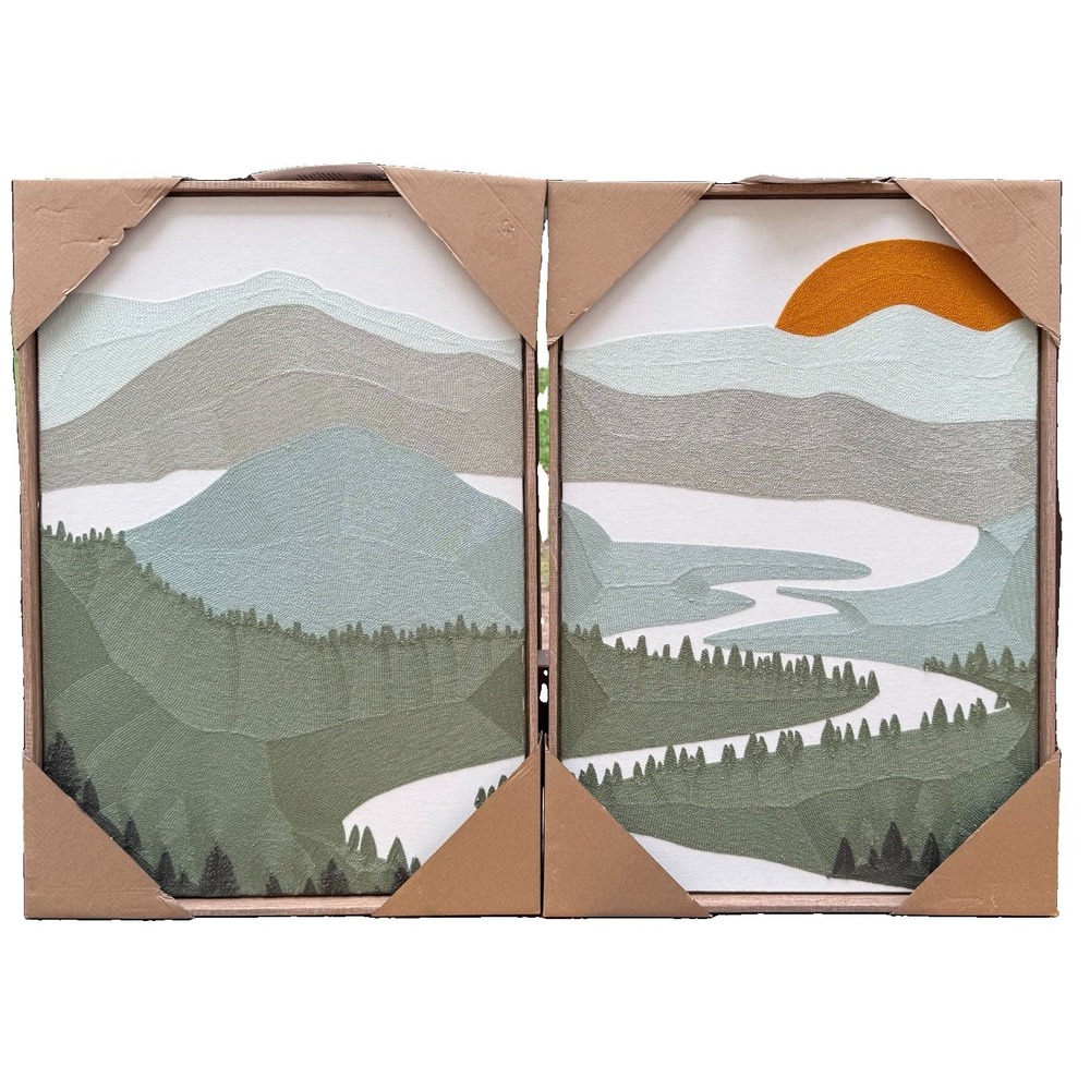 New BP Home Textile Embroidered Woven Wall Art Set Mountain & Sun Decor 18"x26"